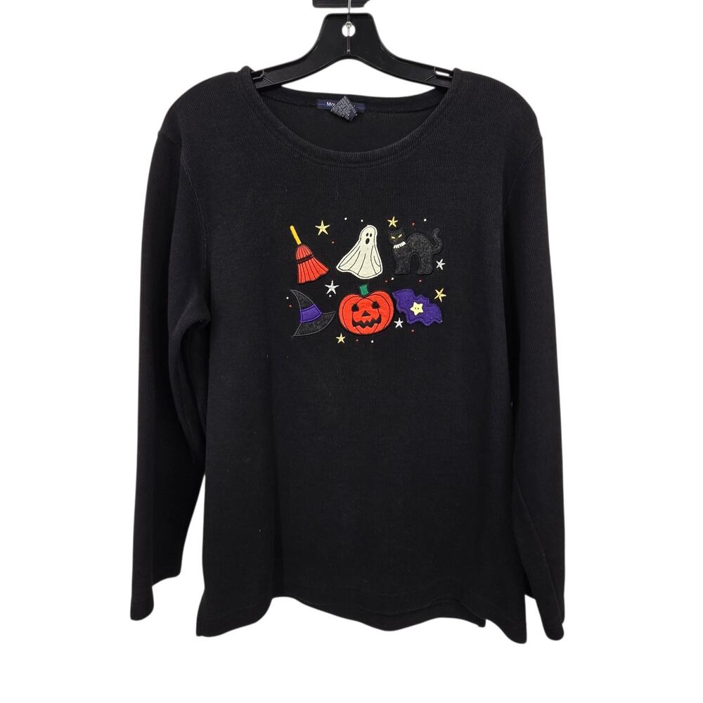 Vtg Halloween Embroidered Top Womens MED Black Ghost Pumpkin Cat Bat Witchy